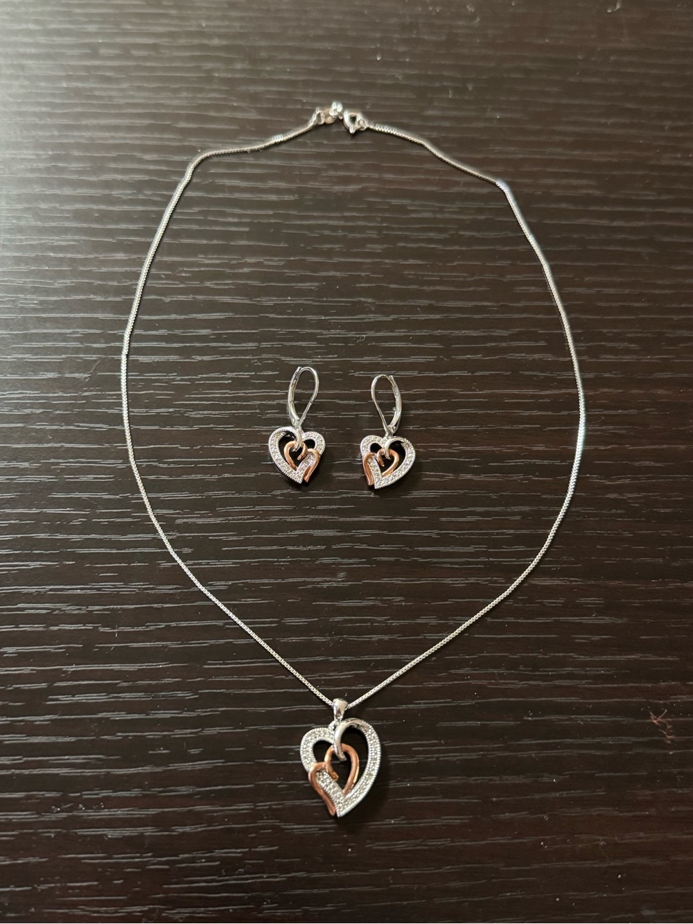 Two-Tone Heart Pendant Necklace, Earrings and Bracelet Set - Silver & Rose Gold